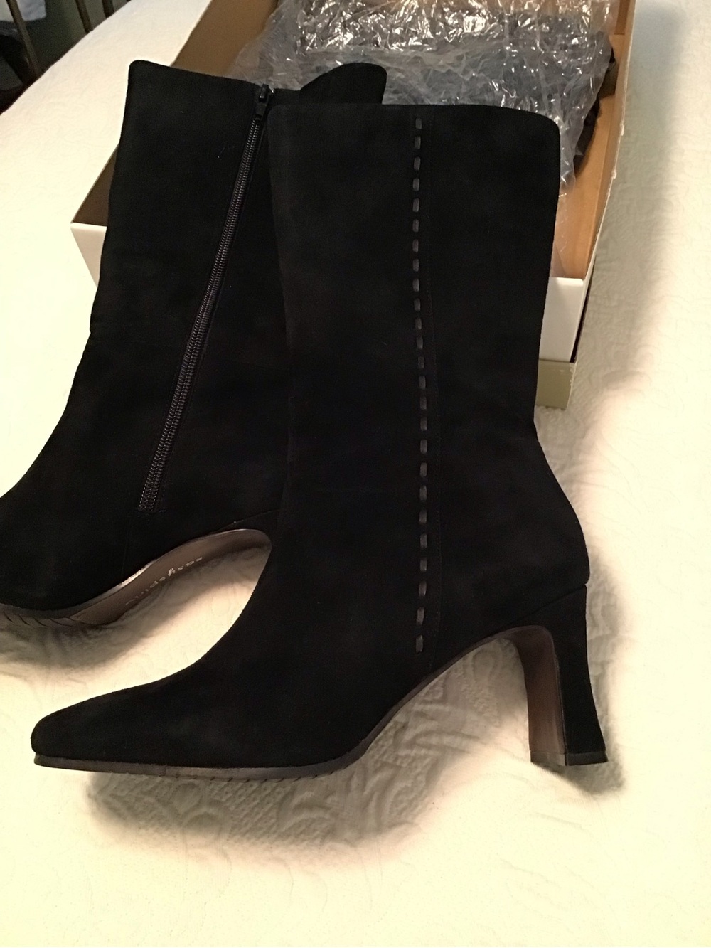 Easy Spirit Black Suede Mid-Calf Heeled Boots with Side Stitch Detail